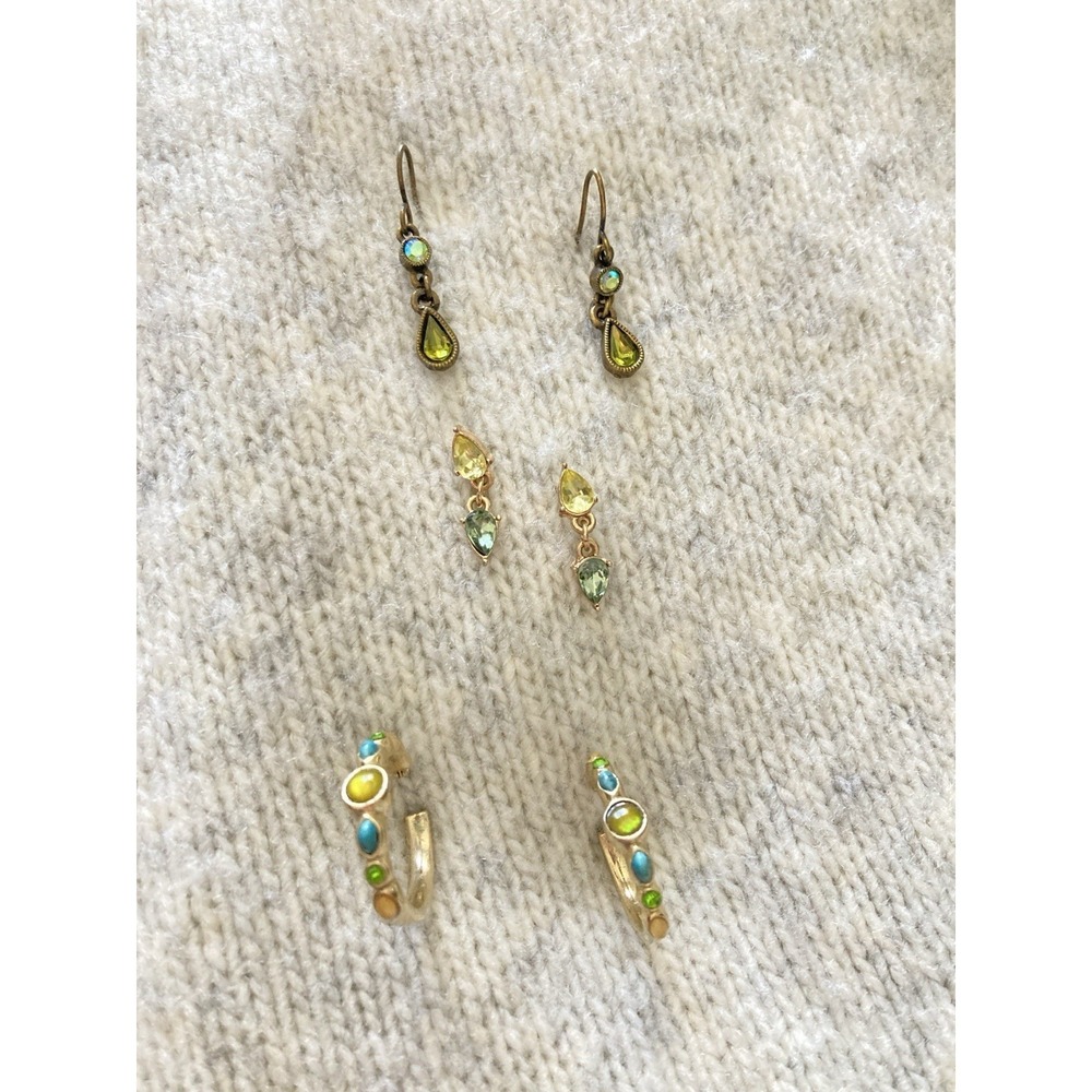 Dangle Hoop Earrings Rhinestone Enamel Gold‎ Tone Green Blue 3 Pair Set Romantic